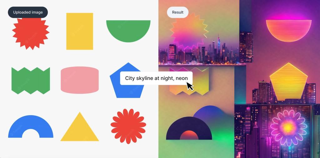 On the left is the reference image, which is nine shapes of various bright colors on a white background. On the right is the result when the prompt "City skyline at night, neon," is applied, which is an abstract representation of a skyline that incorporates the same shapes from the reference image.