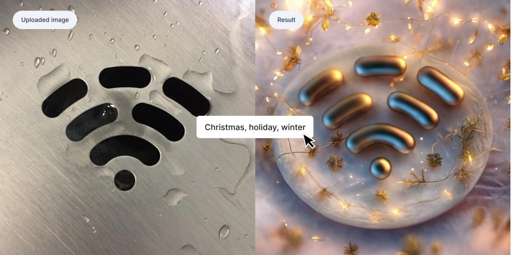 On the left there is an image of a wifi symbol. This is the reference image. On the right, there is a wifi symbol but it is now 3D, shiny gold color, and surrounded by Christmas lights. The prompt used was "Christmas, holiday, winter."