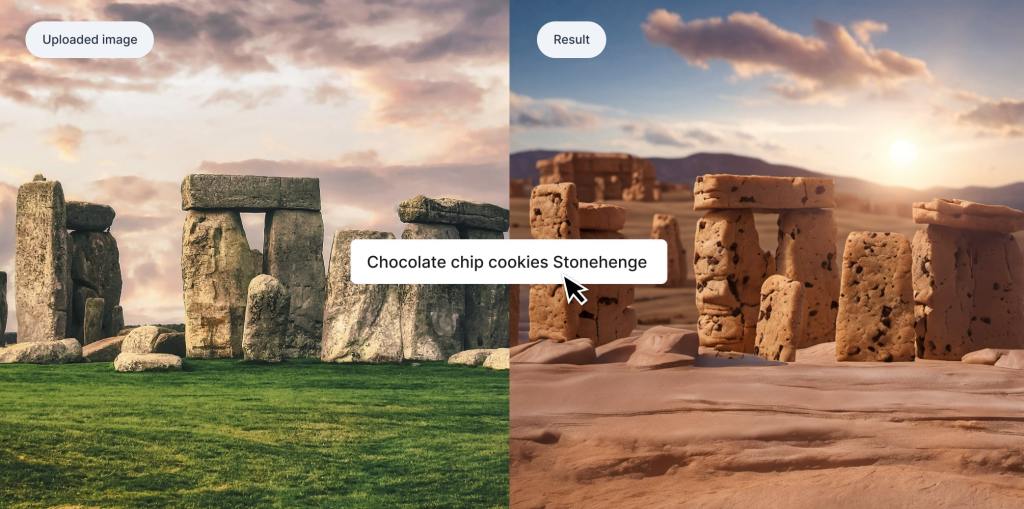 On the left there is a reference image of Stonehenge. On the right, there is an image of Stonehenge but all of the rocks are now chocolate chip cookies. The rocks are in the exact same layout as the reference image.