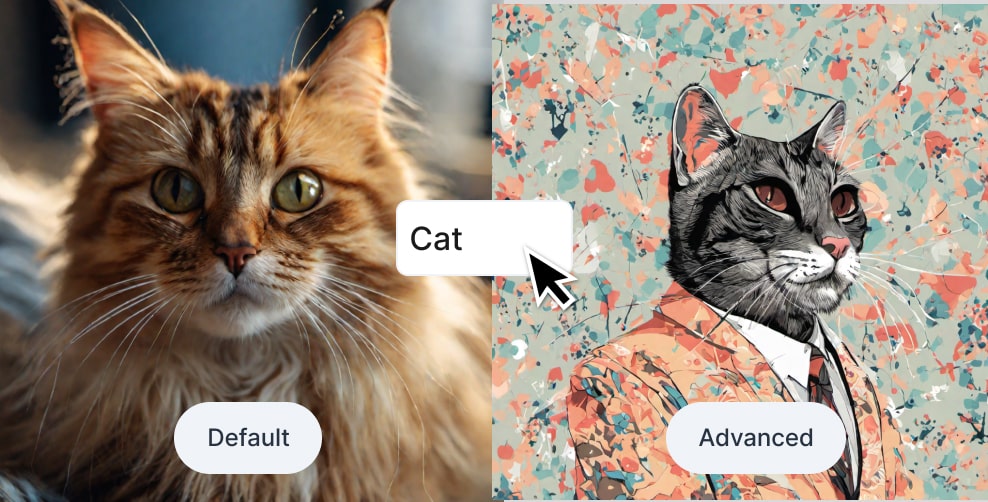 The prompt "cat" from both models, Default on the left and Advanced on the right. The default result is like a photograph, while the advanced one has a digital art style cat wearing a suit and tie.
