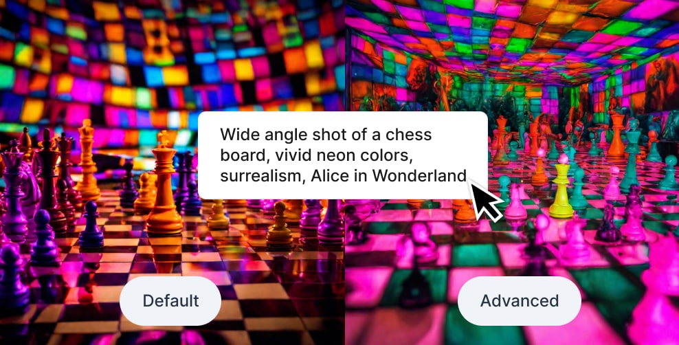 The prompt "Wide angle shot of a chess board, vivid neon colors, surrealism, Alice in Wonderland" from both models. Both results are very similar.