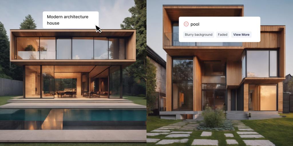 The prompt "Modern architecture house" without any negative prompts (left) and with "pool" added as a negative prompt (right).