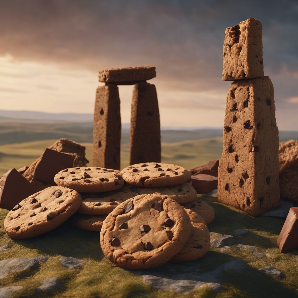 The result of the prompt "Stonehenge made out of chocolate chip cookies" 