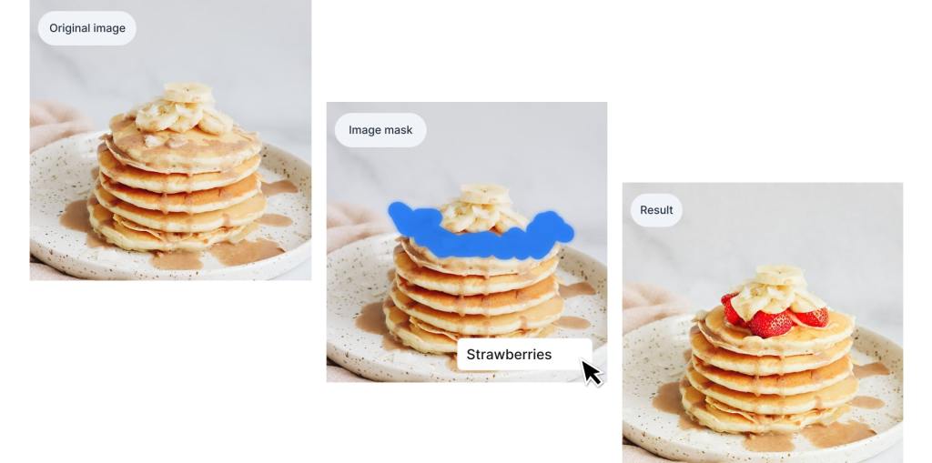 An image of a stack of pancakes, that same image with the top of the stack highlighted, and the final result with strawberries added where the highlight was.