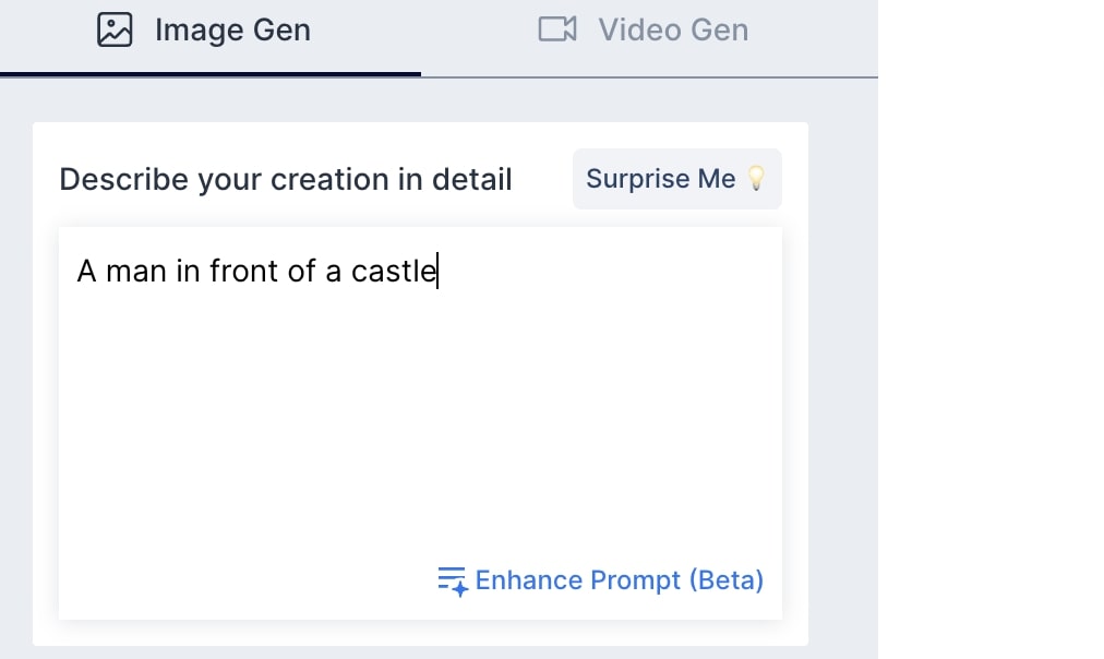 The Gencraft prompt box, with the "Enhance Prompt (Beta)" option in the bottom right-hand corner